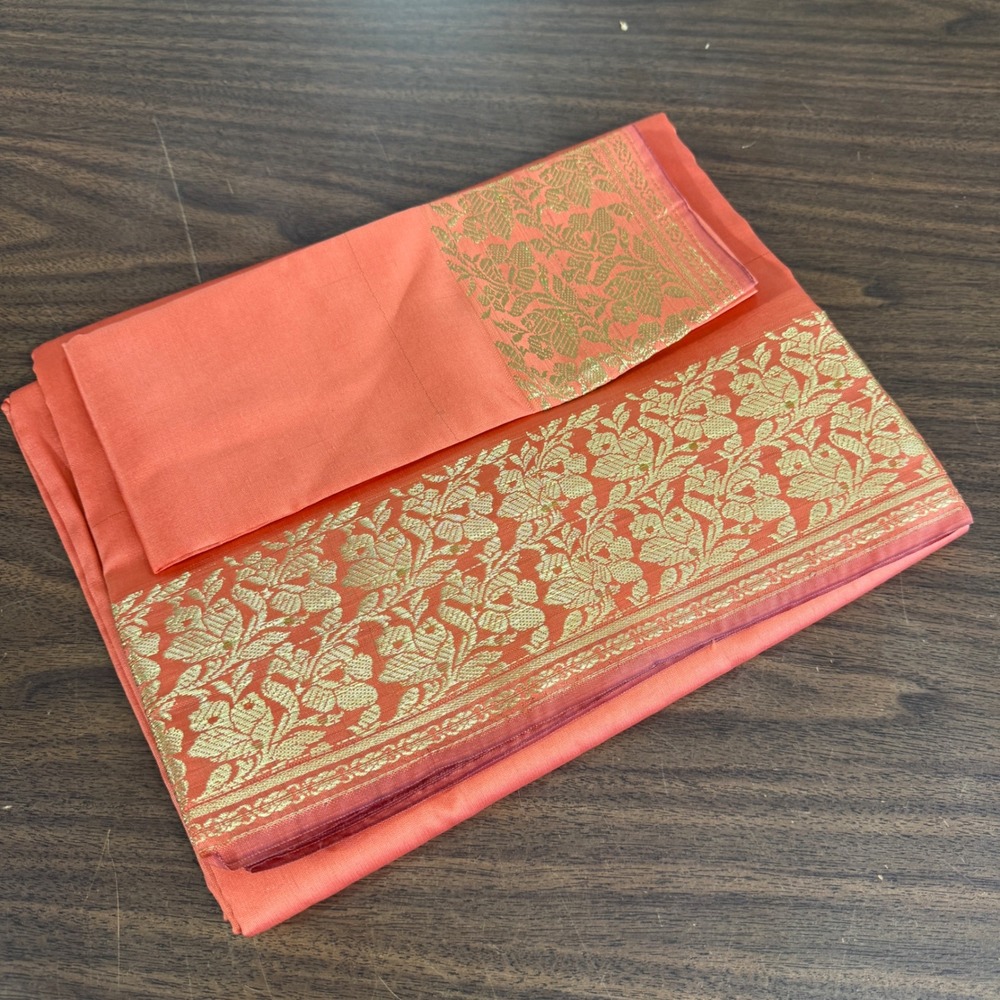 NEW Indian Womens *FLAWS* Brocade Artificial/ART Silk Sari SAREES PEACH w/Blouse